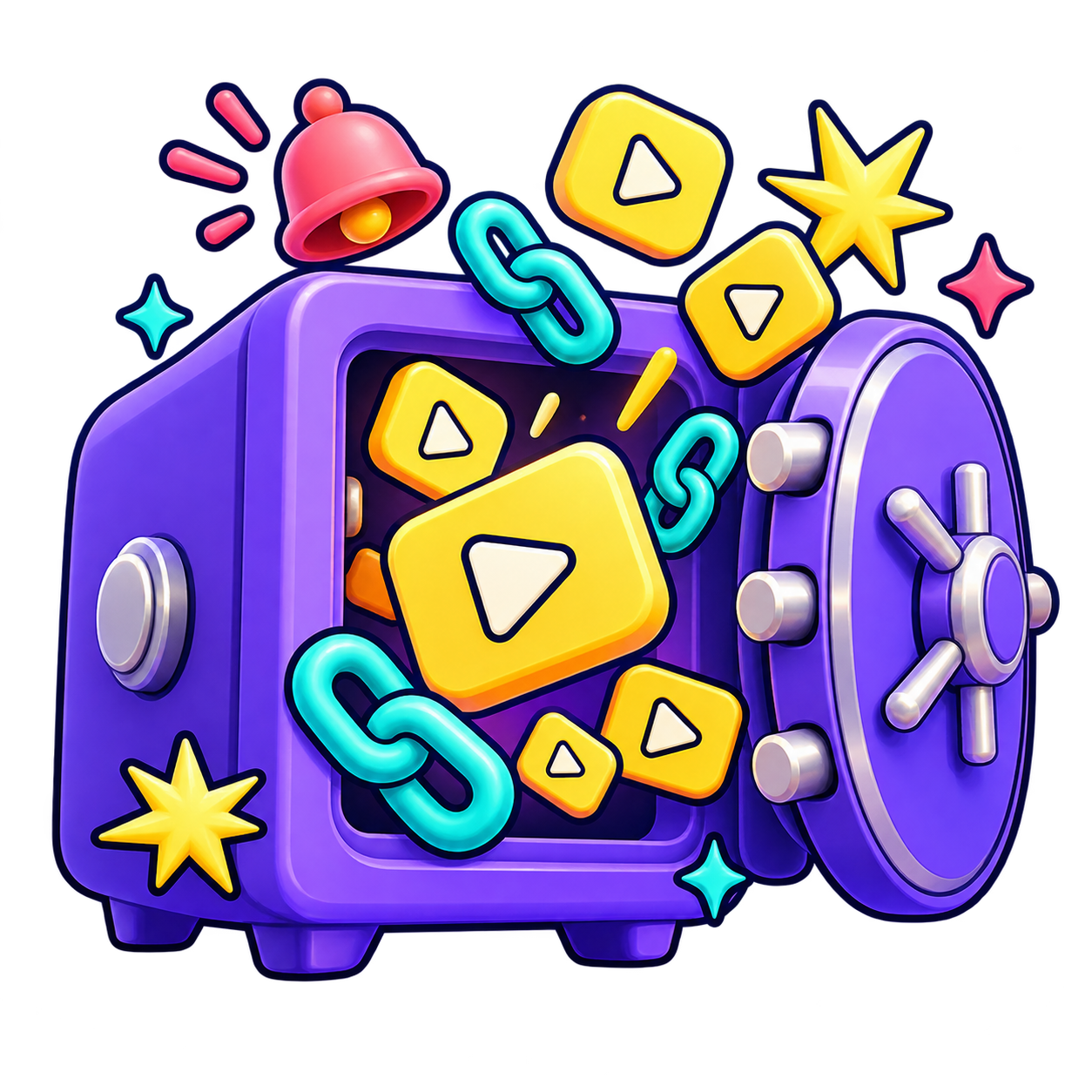 A colorful open purple vault filled with play buttons and linked chains